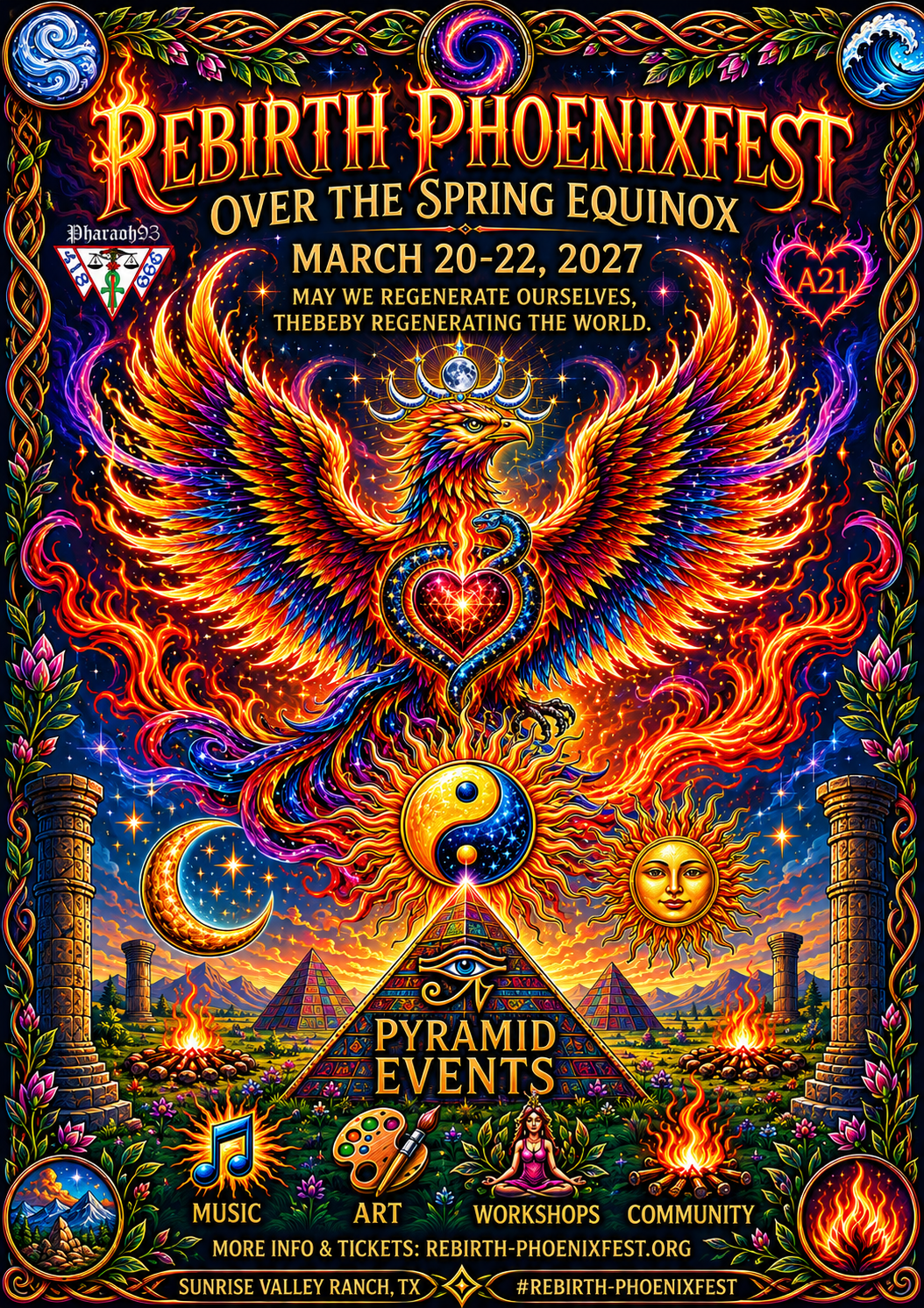 Rebirth Phoenixfest 2027 flyer with phoenix, elemental symbols, pyramid, sun, moon, fire, music, art, workshops, and community details